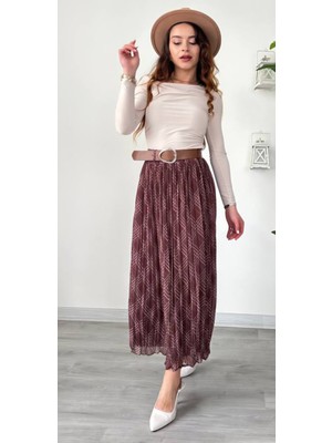 Şamdan Kemerli Desenli Astarlı Şifon Etek