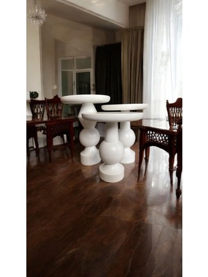 Wood Wooden Ahşap Beyaz Renk 3lü Set Fitilli Mantar Yan Sehpa Modern Fiskos / Zigon Sehpa
