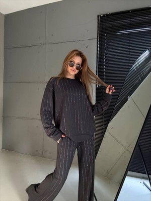 Cemo Siyah Ince Çizgili Taş Detaylı Uzun Kollu Eşofman/sweat Takımı