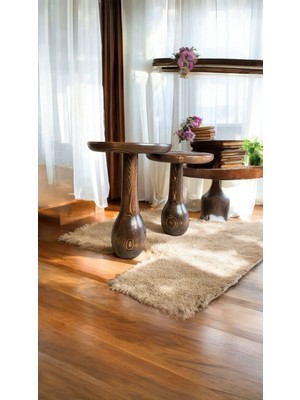 Wood Ahşap 2'li Set Vazo Mantar Yan Sehpa Modern Fiskos / Ceviz Renk / Zigon Sehpa Vernikli