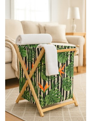 Tropikal Yaprak Desenli Fileli Çamaşır Havlu Kirli Sepeti 37 x 40