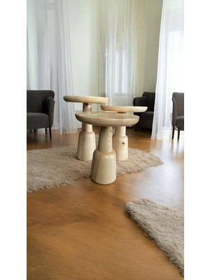 Wood Ahşap 3lü Set Ürgüp Mantar Yan Sehpa / Naturel Renk / Zigon Sehpa Vernikli