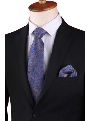 Kravatkolik Mavi Şal Desen Mendilli Klasik Kravat İthal Mikrofiber Kumaş  KK13125