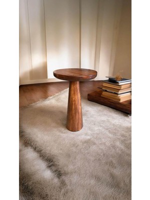 Wood Wooden Ahşap Tekli Konik Mantar Yan Sehpa Modern Kestane Renk Fiskos