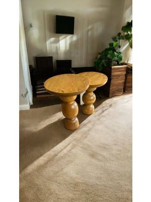 Wood Ahşap 2'li Set Vazo Model Mantar Yan Sehpa Modern Fiskos / Tütün Renk / Zigon Sehpa Vernikli