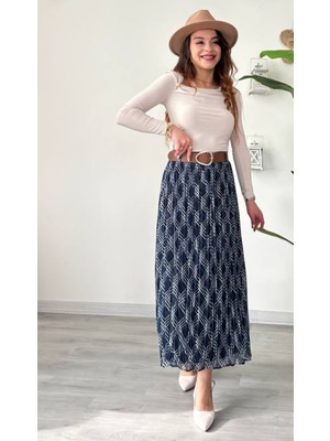 Şamdan Kemerli Desenli Astarlı Şifon Etek