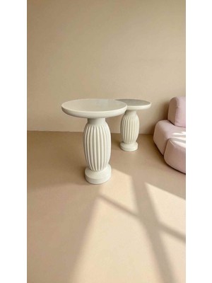 Doğal Masif Ahşap Yan Sehpa 2li Set Krem Renk Zigon ve Fiskos Sehpa