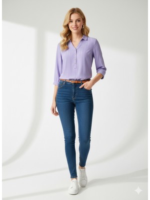 Ribana Classic Kadın Büyük Beden Düğme Detaylı Jesica Kumaş Katlama Kol Gömlek Yaka Tunik