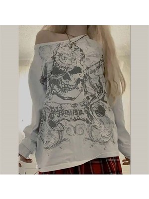 İsra Ayyıldız Moonstar Collection Kayık Yaka Omuz Açık Skull Baskılı Uzun Kollu Tshirt