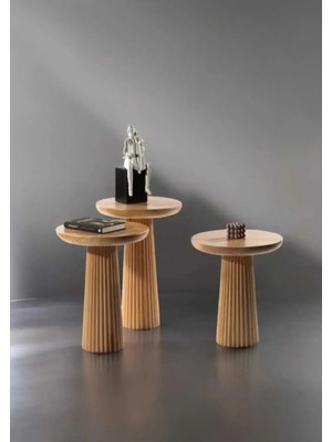 Wood Wooden 3lü Set Fitilli Mantar Yan Sehpa Modern Ahşap Renk Fiskos