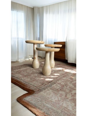 Wood Ahşap 3 Lü Set Fitilli Mantar Yan Sehpa Konik Model / Naturel Renk / Zigon Sehpa Vernikli