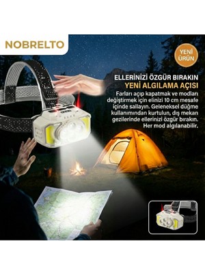 Nobrelto Sensörlü COB LED Kafa Lambası - 270° Geniş Açılı, USB Şarjlı, 5 Modlu Profesyonel Kafa Fener