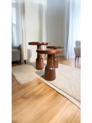 Wood Ahşap 3lü Set Ürgüp Mantar Yan Sehpa Konik Model / Kestane Renk / Zigon Sehpa Vernikli