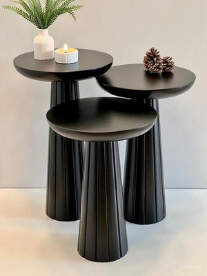 Wood Wooden Siyah Ahşap 3lü Set Fitilli Mantar Yan Sehpa Modern Siyah Renk Fiskos