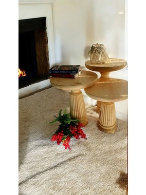 Wood Wooden Ahşap 3lü Set Mantar Yan Sehpa Modern Naturel Renk Fiskos