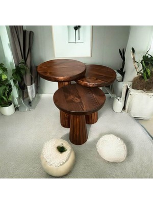Wood Wooden Ahşap 3lü Set Fitilli Mantar Yan Sehpa Modern Kestane Renk Fiskos