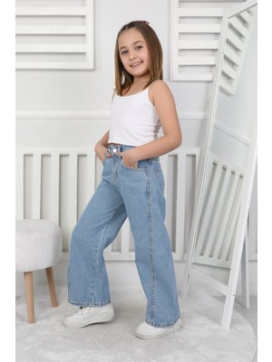 Canan Çakmak Premium Kalite Mavi Geniş Paça Model Jean Denim Kız Çocuk Pantolon