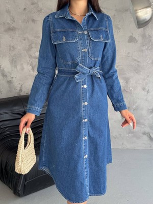 Kuşaklı Uzun Kollu Kot Elbise