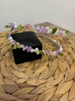 Yeşil Atölye Pembe Lila Yeşil Yapraklı Gelin Nişan Söz Kına Lohusa Tacı Saç Aksesuarı