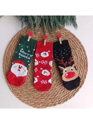 Mirox Socks Yılbaşı Konsept Pamuklu Çocuk Çorabı 3 Lü Paket Karışık Desen 3-4 Yaş Kırmızı Yeşil