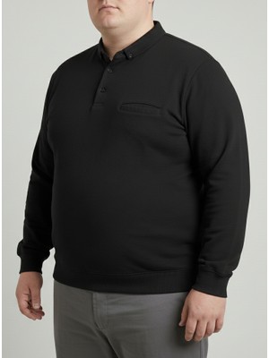 Balkonda Erkek Sweatshirt Kazak Polo Yaka Düğmeli Selanik Dokuma Battal Boy Büyük Beden