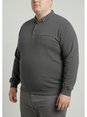 Balkonda Erkek Sweatshirt Kazak Polo Yaka Düğmeli Selanik Dokuma Battal Boy Büyük Beden