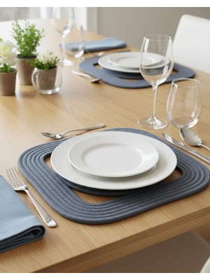 Mtg Jüt Tasarım El Emeği Doğal Jüt Kordon Halattan 6 Adet Kare Model Supla Yemek Masası Tabak Altlığı Amerikan Servis