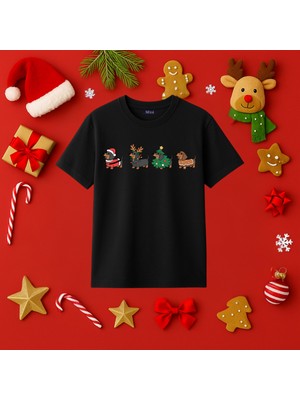 Mixxi Fashion Sevimli Köpek Baskılı Yılbaşı Yeni Yıl Noel Konsept Kısa  Kollu Unisex Tişört (4-13 Yaş)