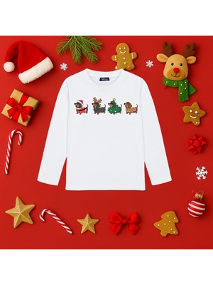 Mixxi Fashion Sevimli Köpek Baskılı Yılbaşı Yeni Yıl Noel Konsept Kısa  Uzun Unisex Tişört (4-13 Yaş)