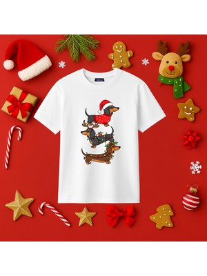 Mixxi Fashion Sevimli Köpek Baskılı Yılbaşı Yeni Yıl Noel Konsept Kısa  Kollu Unisex Tişört (4-13 Yaş)