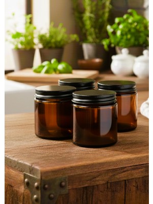 JUNIBELIW 4 Adet Amber Boş Cam Dekoratif Krem Mum Baharat Kavanozu Siyah Metal Kapaklı 4X100CC (Boya Değil)