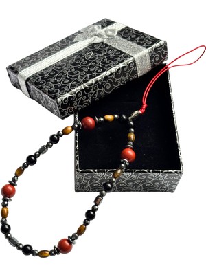 Ayre Style Kırmızı Jasper Doğal Taş Telefon Charm – Hematit Detaylı Kırmızı İpli Askı - Tüm Telefonlarla Uyumlu