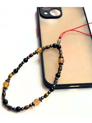 Sitrin Doğal Taş Telefon Charm – Hematit Detaylı Kırmızı Ipli Telefon Askısı