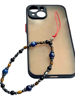 Lapis Lazuli Doğal Taş Telefon Charm – Kaplan Gözü Hematit Detaylı Kırmızı Ipli Askı - Süs