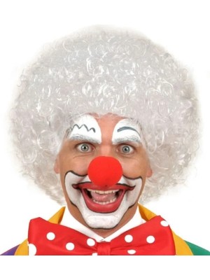 Ronanna Buğz Beyaz Kıvırcık Afro Peruk ve Kırmızı Sünger Burun Seti