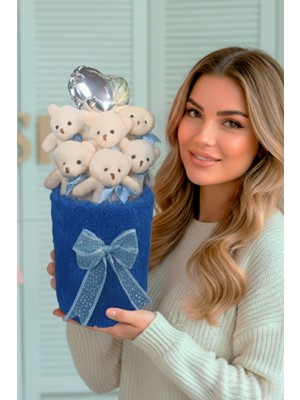 Sole Deluxe Lacivert Peluş Silindir Kutuda, Kalpli Balonlu 6’lı Lacivert Ayıcık Buketi - Sevdiğine Hediye