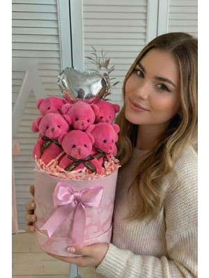 Sole Premium Silindir Kalpli Pembe Kutusunda, Kalpli Balonlu  6’lı Fuşya Ayıcık Buketi, Sevdiğine Hediye