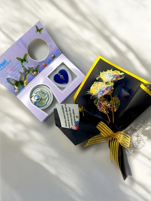 İnci Sepette Çiçekli Kolye Set Gül Demeti Özel Seri Gold Pearl Set