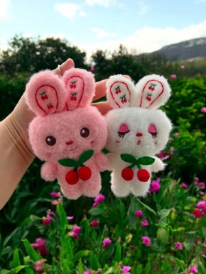 İnci Sepette Tavşan Anahtarlık Beyaz Peluş Sevimli Anahtarlık Çanta Süsü