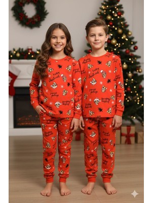 Isobel Kırmızı Yeni Yıl Desenli Interlok %100 Pamuk Unisex Kız ve Erkek Çocuk Pijama Takımı 3-13 Yaş 42227-K