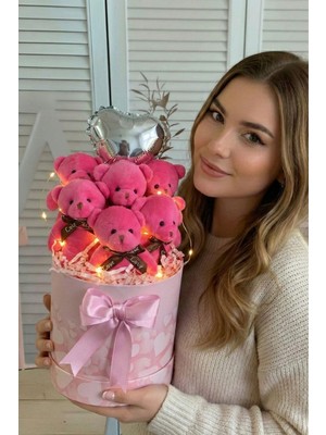 Sole Premium Silindir Kalpli Pembe Kutusunda, Kalpli Balonlu LED Işıklı 6’lı Fuşya Ayıcık Buketi, Sevdiğine Hediye
