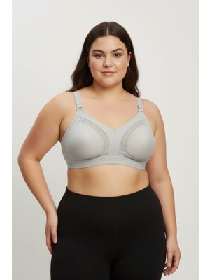 En Moda İç Giyim Gri Büyük Beden Pamuklu Toparlayıcı Sütyen - Balensiz Telsiz Desteksiz Dantelli Penye Minimizer