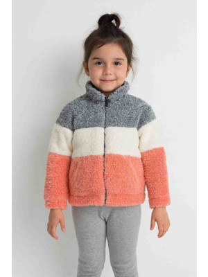 Öznur Kız Cocuk Peluş Renk Bloklu Fermuarlı  Hırka