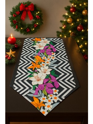 Masa Örtüsü✨ Mor Zambak Desenli Runner – 142x40 cm ✨ Masa Örtüsü