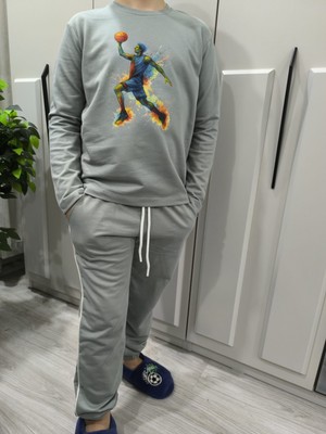 Pidal Giyim Renkli Basketbol Temalı Pamuklu Unisex Uzun Kollu Çocuk Eşofman Takımı