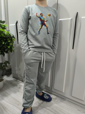 Pidal Giyim Renkli Futbolcu Baskılı Pamuklu Uzun Kollu Erkek Çocuk Eşofman Takımı