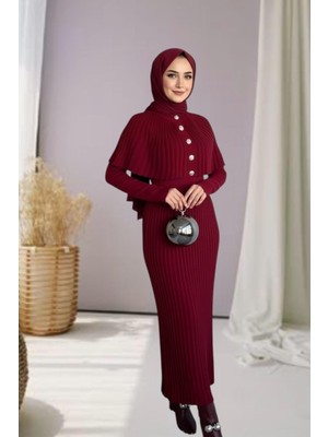 Arfano Kadın Piliseli Triko Elbise Pelerinli Çıkarılabilir Yaka Standart Beden Tesettür Uyumlu