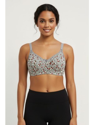 En Moda İç Giyim Kadın Gri Çiçekli Pamuklu Penye Sütyen | Süngersiz Desteksiz Telsiz Rahat Günlük Iç Giyim