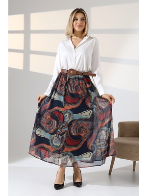 Lubiti Şal Desenli Simli Şifon Etek–kemerli ve Astarlı Uzun Model