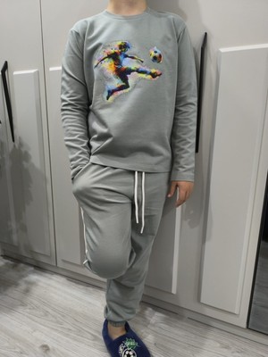 Pidal Giyim Renkli Futbolcu Baskılı Pamuklu Uzun Kollu Erkek Çocuk Eşofman Takımı